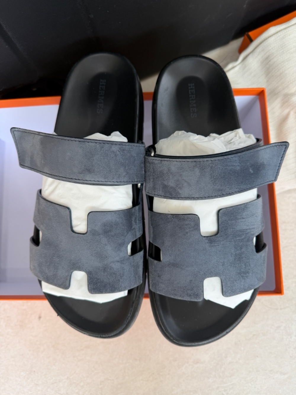 Hermes Chypre Sandal - Navy suede - size 10
